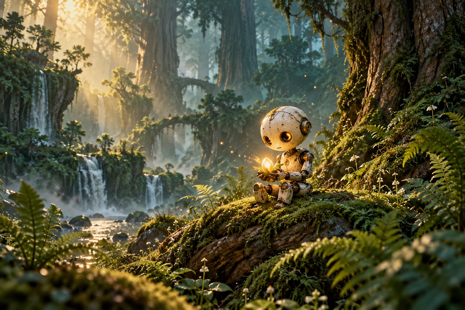A little robot holding a glowing seed in a mossy forest