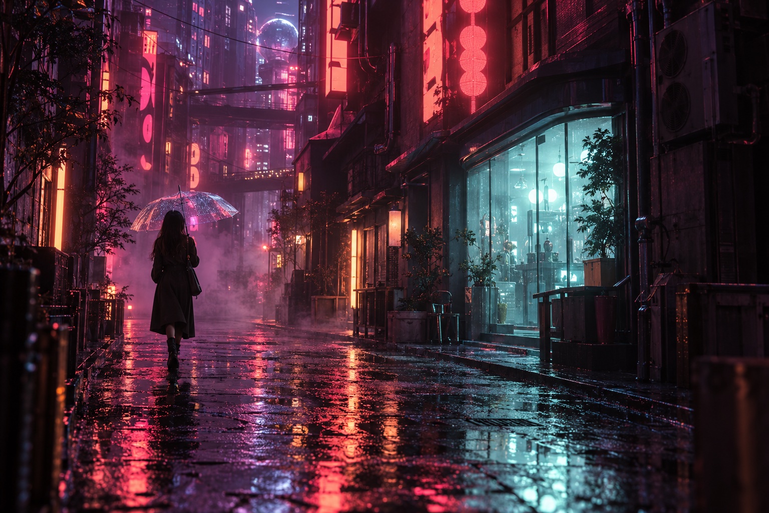 A woman with a clear umbrella in a neon street on a rainy night
